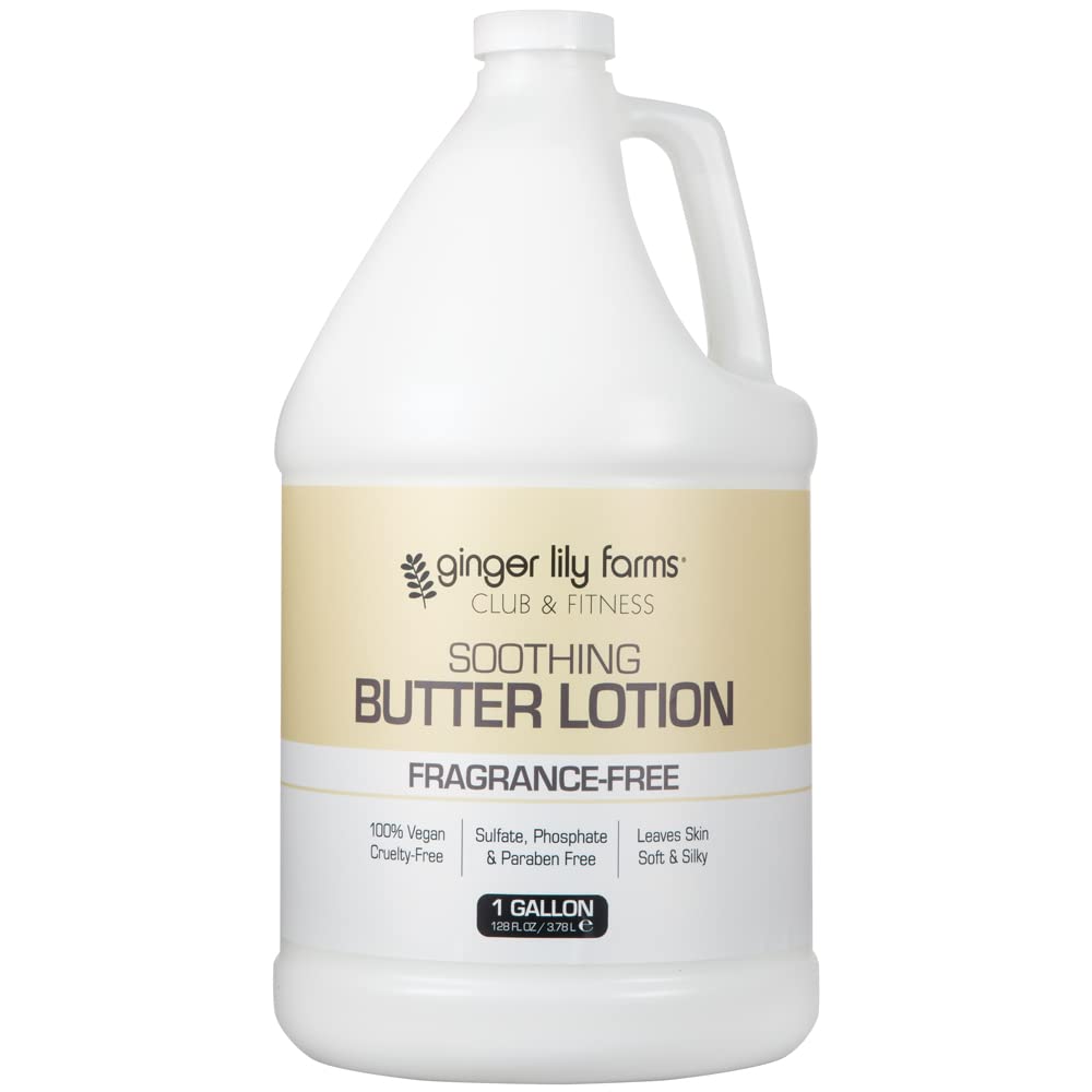 Ginger Lily Farms soothing butter lotion bottle close-up shows lightweight hydration for dry skin