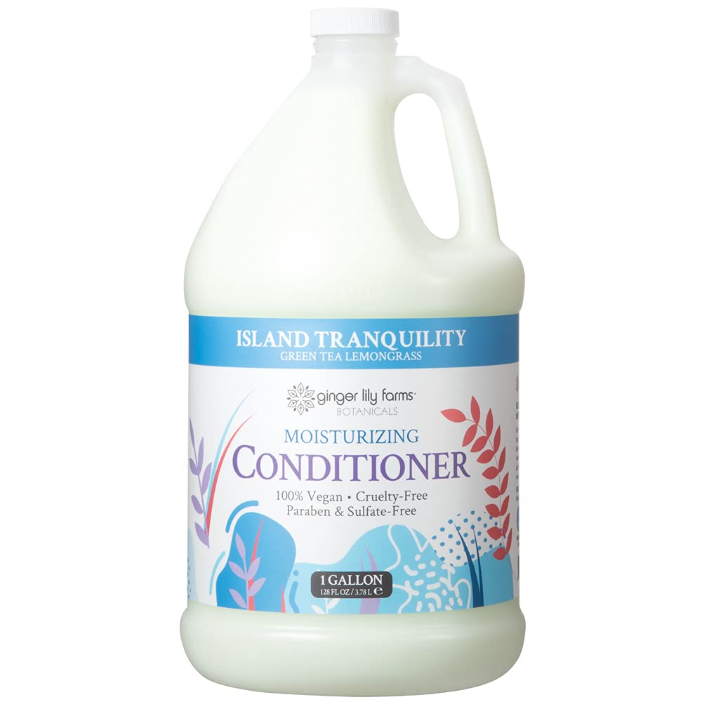 Ginger Lily Farms Island Tranquility conditioner bottle offers weightless hydration for dry hair.