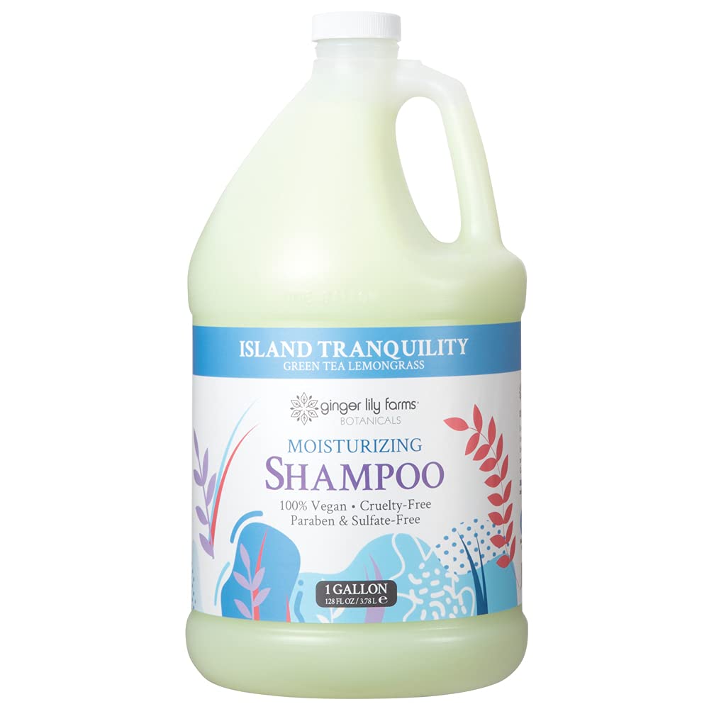 Ginger Lily Farms Island Tranquility shampoo bottle shows moisturizing formula for all hair types.