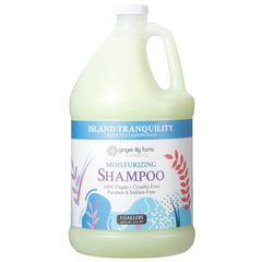 Ginger Lily Farms Island Tranquility shampoo bottle shows moisturizing formula for all hair types.