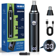 Ginity nose hair trimmer with LED display shows battery level for easy grooming sessions.