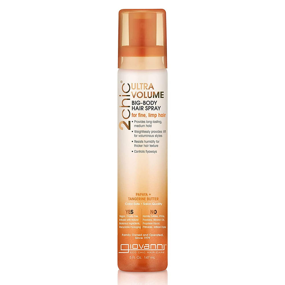 GIOVANNI 2chic Ultra-Volume Big-Body Hair Spray bottle renders weightless hold for fine hair.