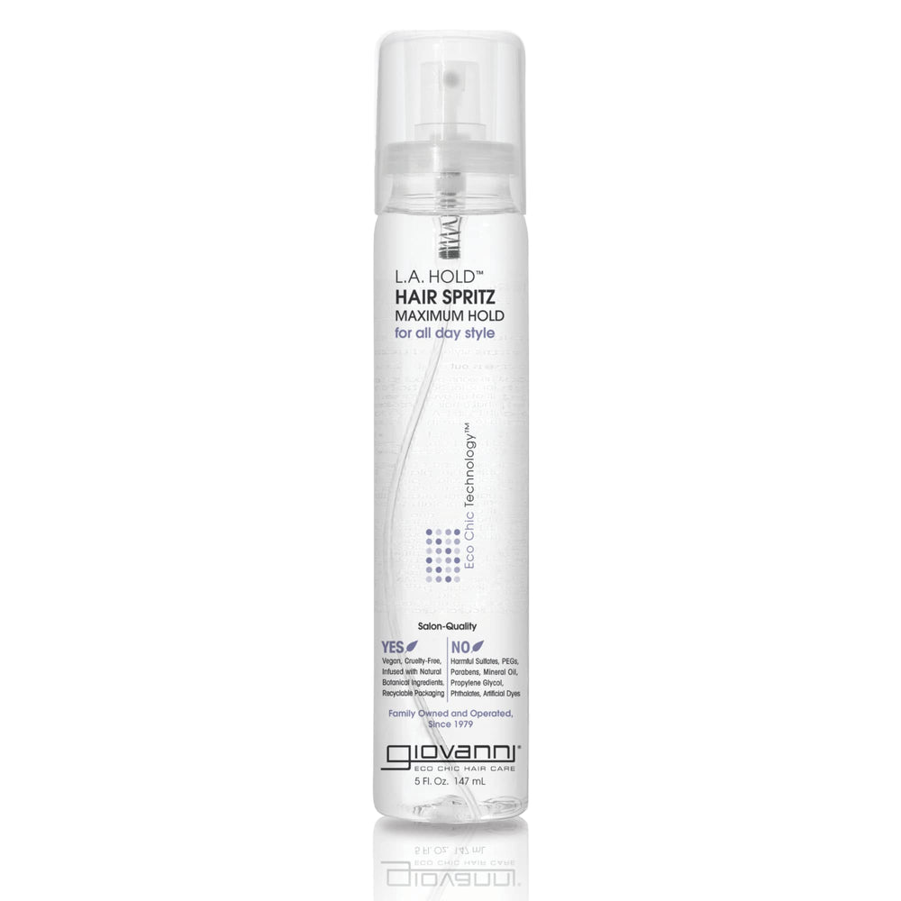 GIOVANNI L.A. Hold Hair Spritz bottle demonstrates strong hold for lasting style.