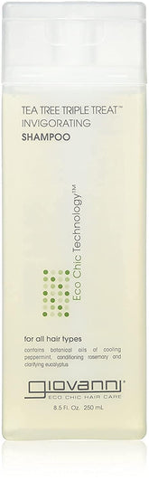 Giovanni Tea Tree Triple Treat shampoo bottle shows refreshing scalp care for daily refreshment.