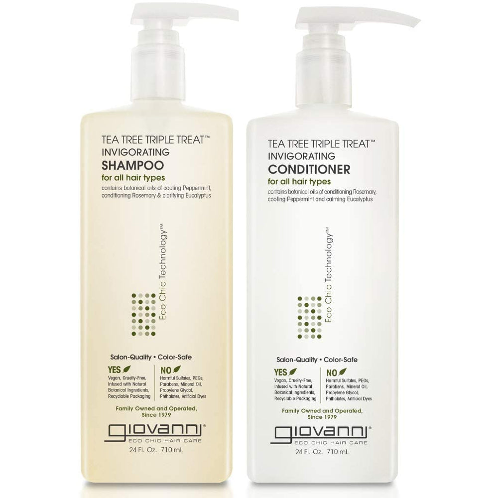 Giovanni Tea Tree Triple Treat Shampoo pour showcases refreshing scalp cleansing.