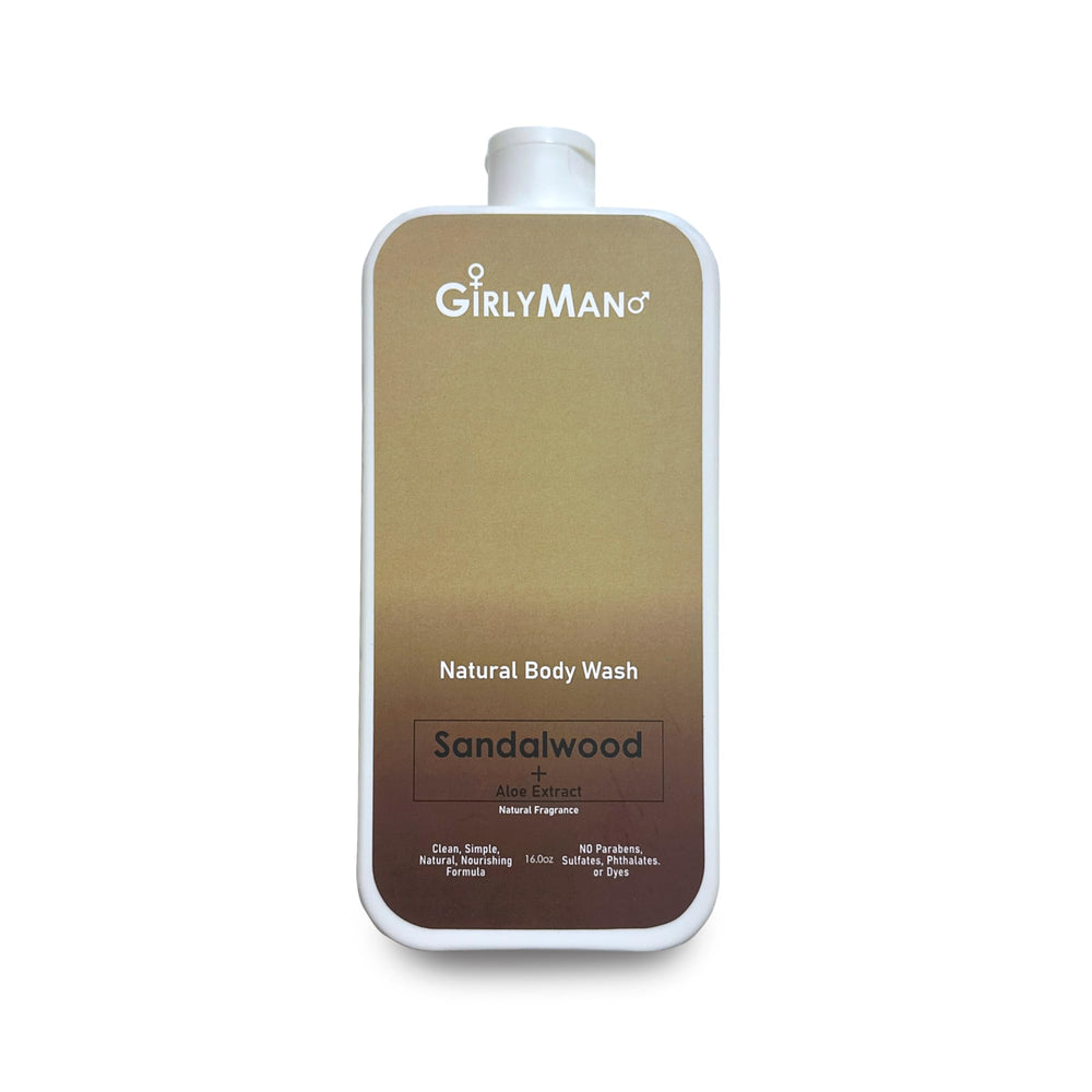 GirlyMan Natural Body Wash bottle pour demonstrates easy, soothing application for a spa-like cleanse.