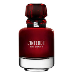 Givenchy L’Interdit Rouge bottle-front showcases bold red design for fearless femininity.