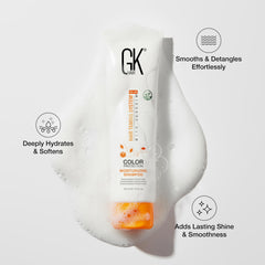 GK HAIR conditioner tube close-up highlights detangling and lightweight moisture.