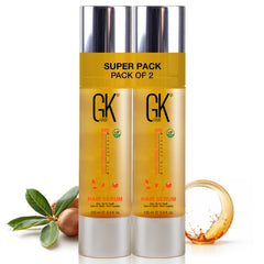 GK HAIR oil bottle pouring for weightless hydration and frizz control.