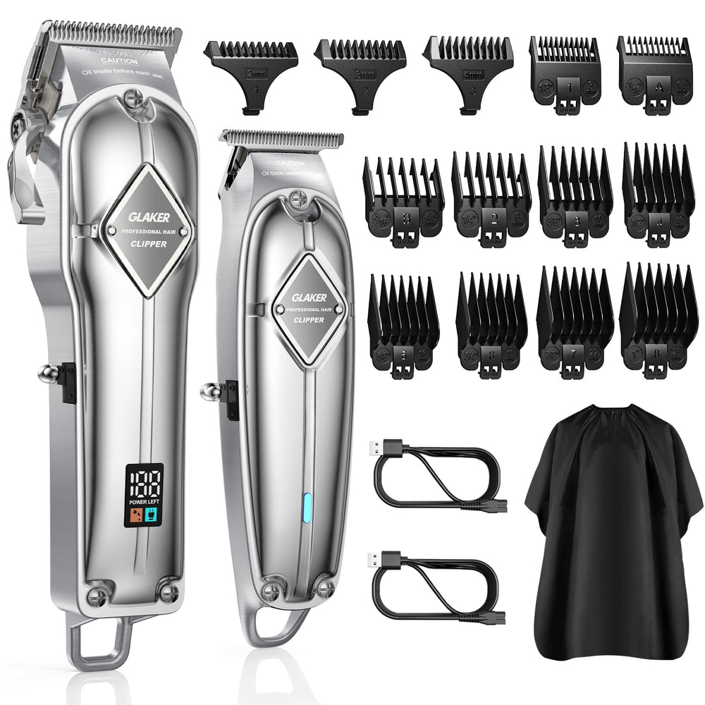 GLAKER hair clippers cordless kit silver for pro-grade home grooming.