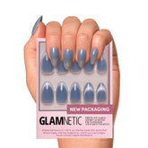 Glamnetic Baby Blues pastel blue almond nails with a chic, long-lasting manicure
