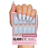 Glamnetic Blueberry Milk nails kit on hand with a glossy almond shape for long wear.