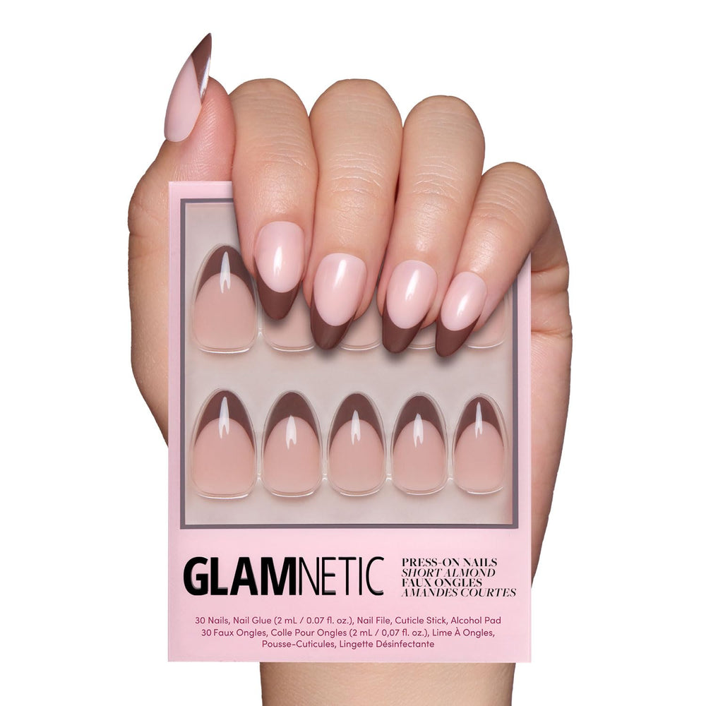 Glamnetic Chocolat almond-short nails with a glossy finish for a salon-ready look.