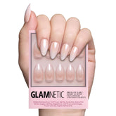 Glamnetic Fiancéd nails closeup with glossy nude-ombre for long-lasting wear