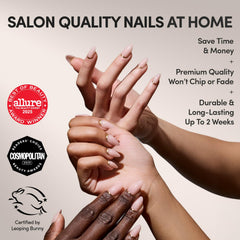 Glamnetic Goal Chaser nails closeup reveals almond shape and glossy nude finish