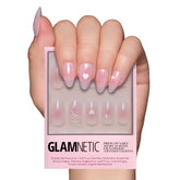 Glamnetic Lovers Knot glossy pink nails for a chic semi-transparent look.