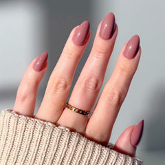 Glamnetic Mauve Obsession nails closeup showing the muted almond shape for a versatile everyday look.