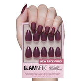 Glamnetic Merlot matte almond nails with glossy tips for a chic, long-lasting manicure.