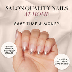 Glamnetic metallic-silver-french-tip nails showcase bold chrome tips for versatile outfits.