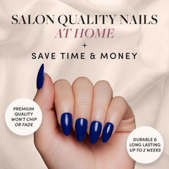 Glamnetic Midnight Blue short almond nails for a sleek elongated look