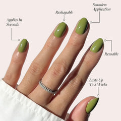 Glamnetic Moss Green nail set with storage box showing easy at-home manicure organization