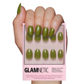 Glamnetic Moss Green press-on nails kit close-up showing durability and salon-quality finish