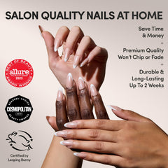 Glamnetic Mother Pearl nails in medium almond shape for comfortable elongated manicure.