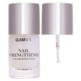 Glamnetic Nail Strengthener bottle pour demonstrates a quick-dry coating for busy mornings.