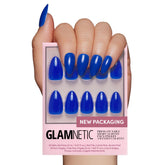 Glamnetic press-on nails cobalt blue short almond kit for durable salon-style wear.