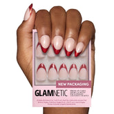 Glamnetic Red Affair closeup with glitter almond nails for festive styling