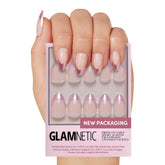 Glamnetic Rock Candy nails in short almond shape with chrome pink tips for everyday chic.
