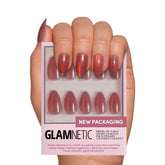 Glamnetic Rose nails almond shape with metallic finish for instant chic manicure.