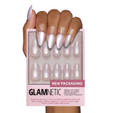 Glamnetic Selenite nails closeup shows glossy soft-white sparkle for everyday wear.