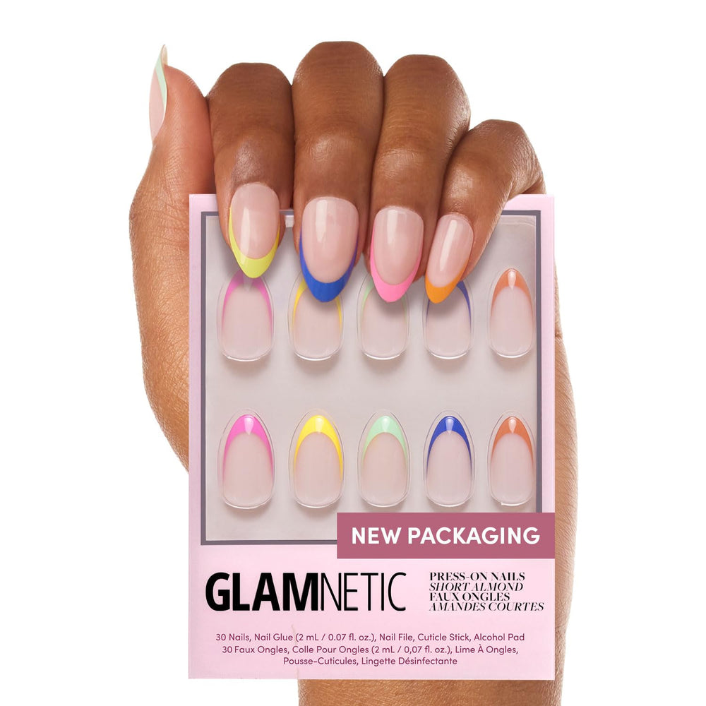 Glamnetic Sprinkles rainbow French tip close-up for natural almond nails.