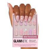 Glamnetic Wild Card nails on hand show natural short almond shape for everyday elegance