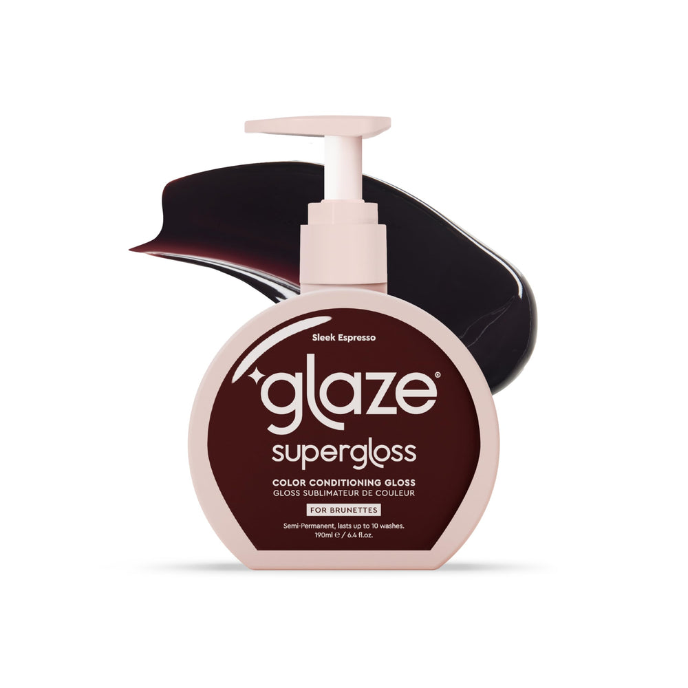 Glaze Supergloss espresso bottle highlights semi-permanent color for natural brunette shine.