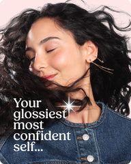 glaze supergloss hair shine closeup shows instant luster and hydrated strands.