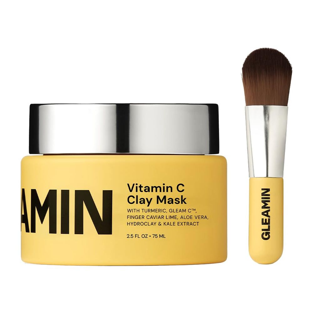Gleamin Vitamin C Clay Mask jar close-up showing creamy texture for brightening skin.