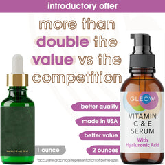 GLEOW Vitamin C Serum bottle application highlights brightening and more even tone.