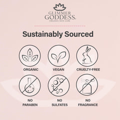 Glimmer Goddess shea and cocoa butter ingredients closeup emphasizes nourishing moisture boost.