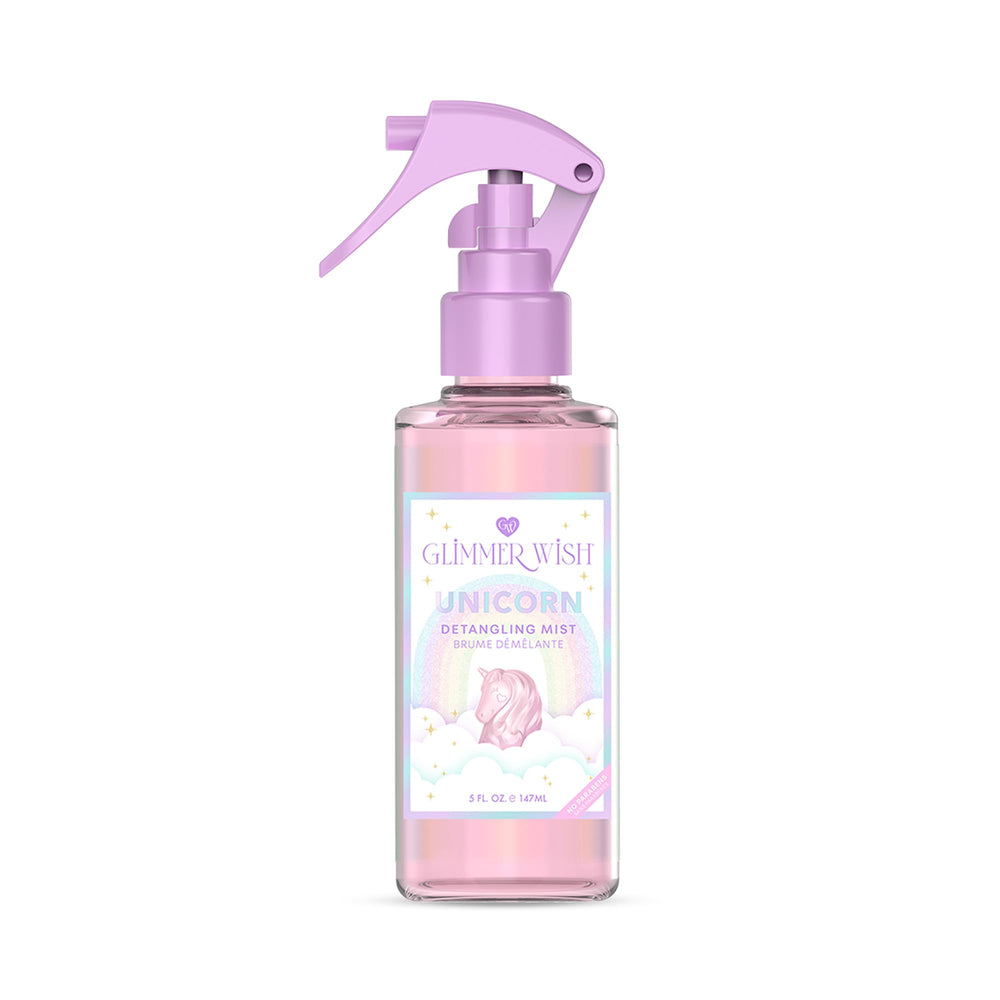 Glimmer Wish Unicorn Hair Detangler Spray bottle front showing kid-friendly design for easy on-the-go styling.