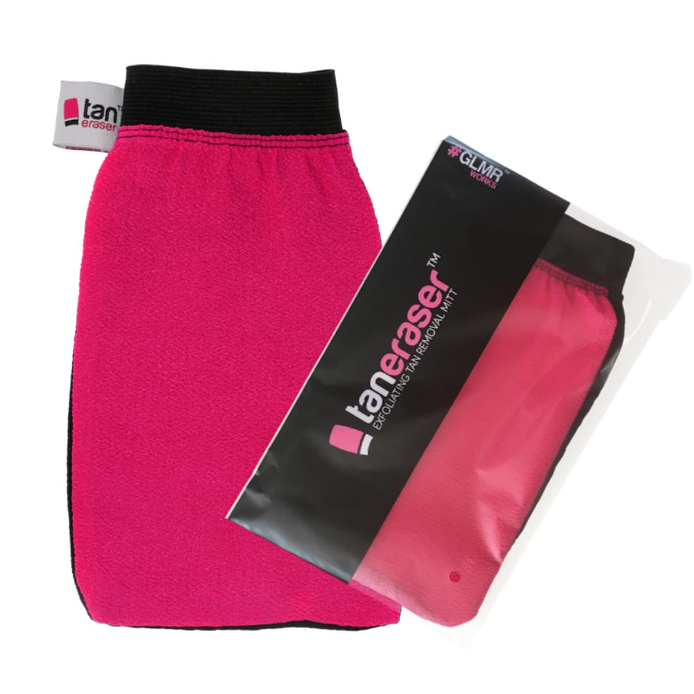 GLMR Works Tan Eraser pink-side mitt for light exfoliation and tan removal prep