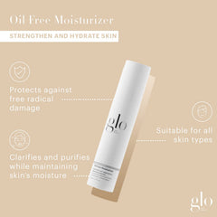 Glo Skin Beauty Oil Free Moisturizer texture swirl demonstrates non-greasy hydration with algae and hyaluronic acid