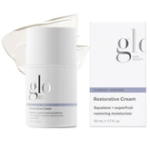 Glo Skin Beauty Restorative Cream bottle close-up showing rich moisture for dry skin