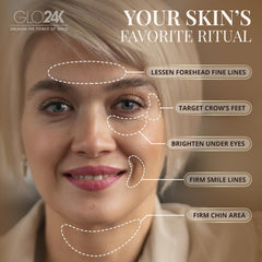 GLO24K 24k gold particles macro shot highlights luxurious glow for radiant-looking skin.