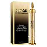 GLO24K instant facelift cream jar close-up signaling premium anti-aging care and luxury routine.