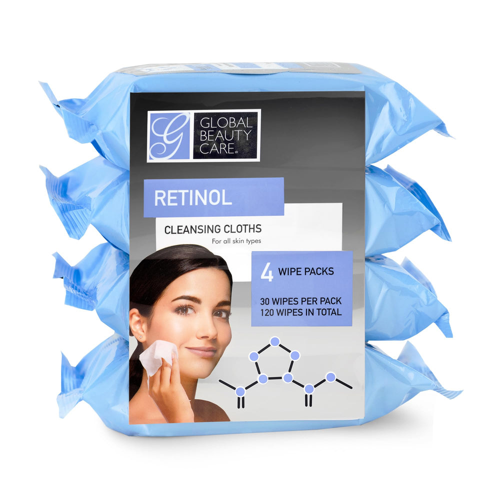 Global Beauty Care Retinol Cleansing Wipes front-pack for daily cleansing and makeup removal.