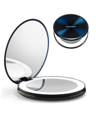 Glocusent compact makeup mirror shows 1x and 10x magnification for precise makeup