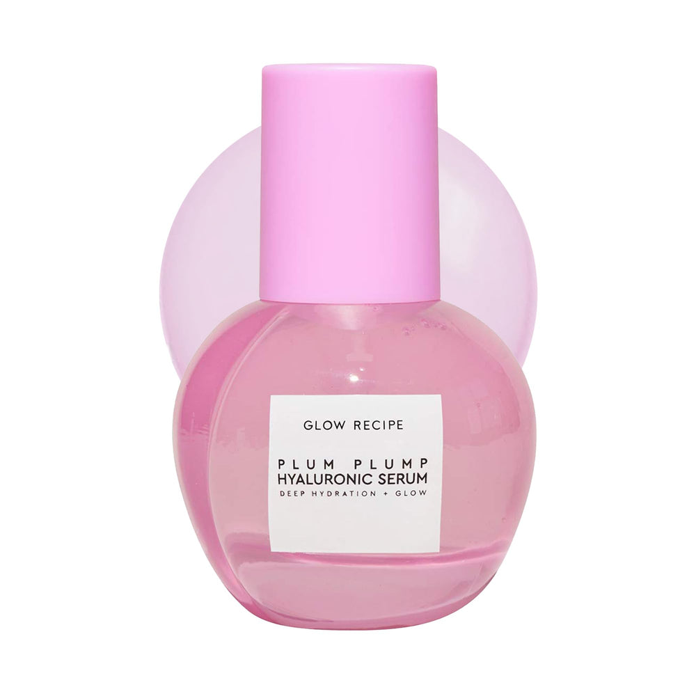 Glow Recipe plum-plumping-serum bottle close-up highlighting premium packaging for daily hydration.