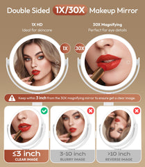 Glowtop mirror 30x closeup highlights precise brow shaping and eyeliner accuracy